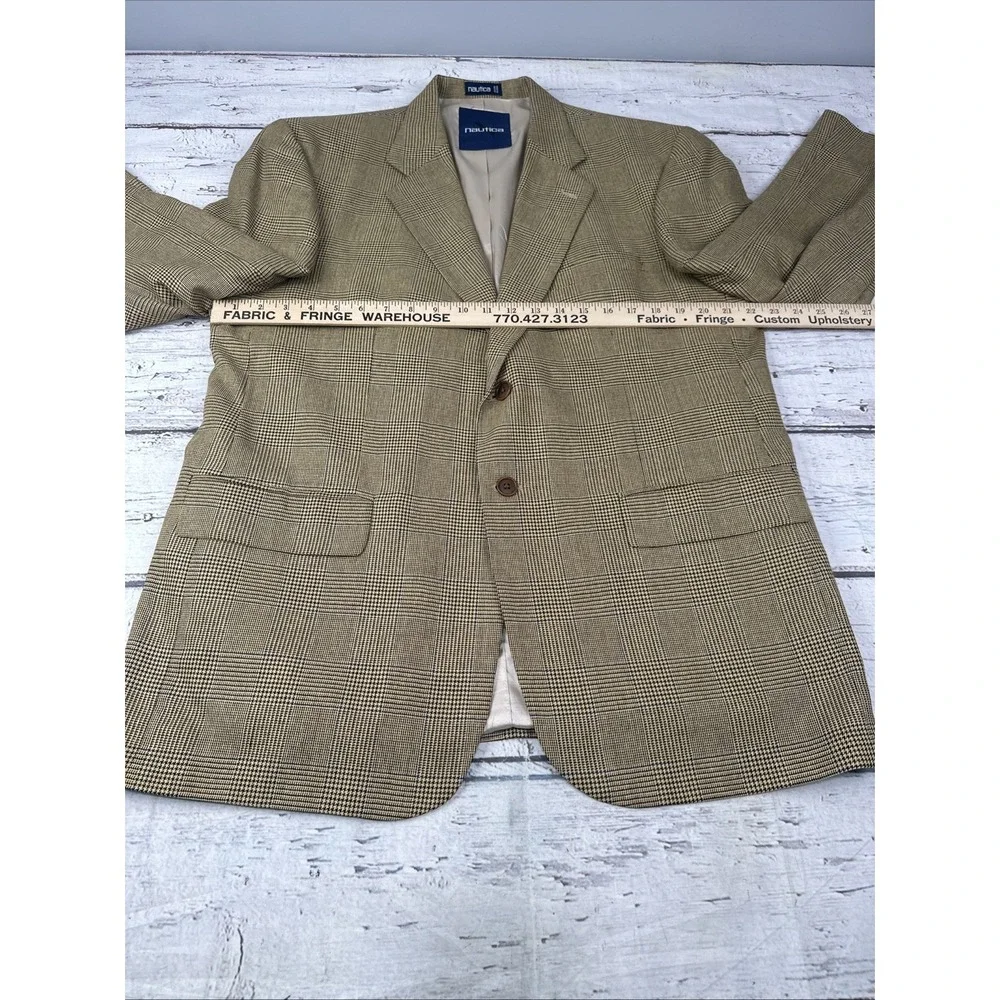 Nautica Sport Coat 44R Tan Glen Plaid Wool Silk Linen Blazer Jacket Casual